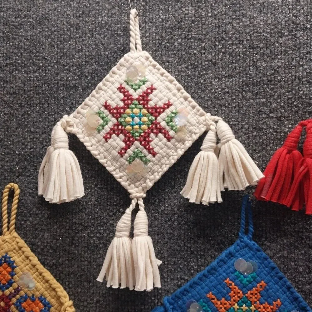 Vintage 70s Boho Yarn Wall Hanging Set of 4 Mini Tassel Folk Art Plaques 4